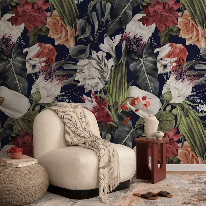 Dark Floral Wallpaper With Moody Roses In Red, Green, And Peach – A845