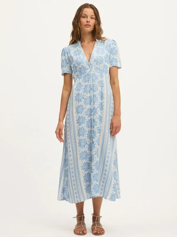 Deborah Waffle Midi Dress in Bright White and Blue