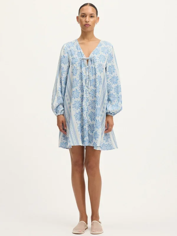 Deborah Waffle Mini Dress in Bright White and Blue