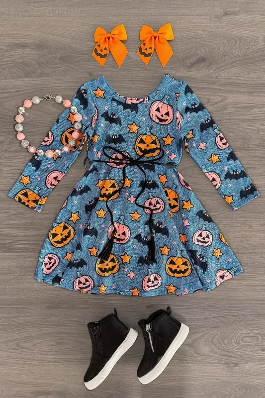 Denim Faux Embroidery Jack-O’-Lantern Dress