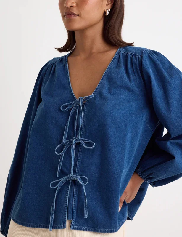 Denim Tie Front Bernadetta Blouse