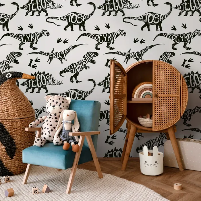 Dinosaur Wallpaper With Typographic Silhouettes In Black And Gray – B625