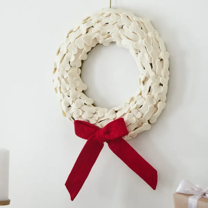 Dog Bones Red Bow Handmade Hand Felted Wool Wreath – 14 “