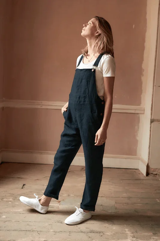 Doris Dungarees in Navy Linen
