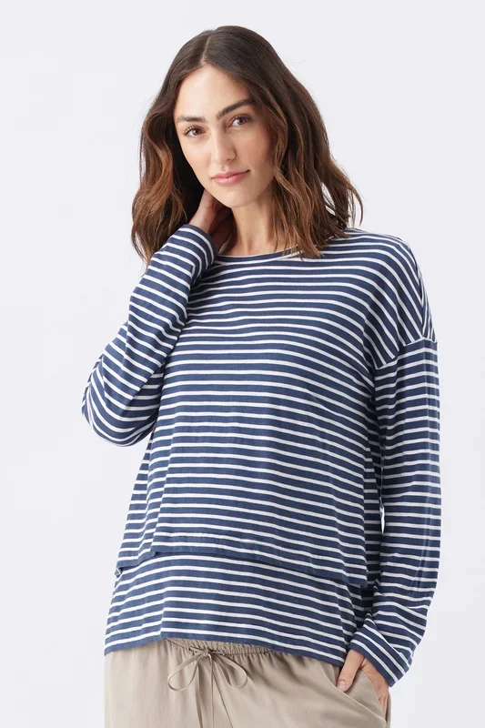 Double Layer Long Sleeve Striped Maternity and Nursing Shirt navy/white