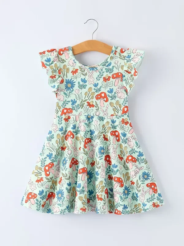 Easter Bunny And Mushroom Print Girls’ Dress
