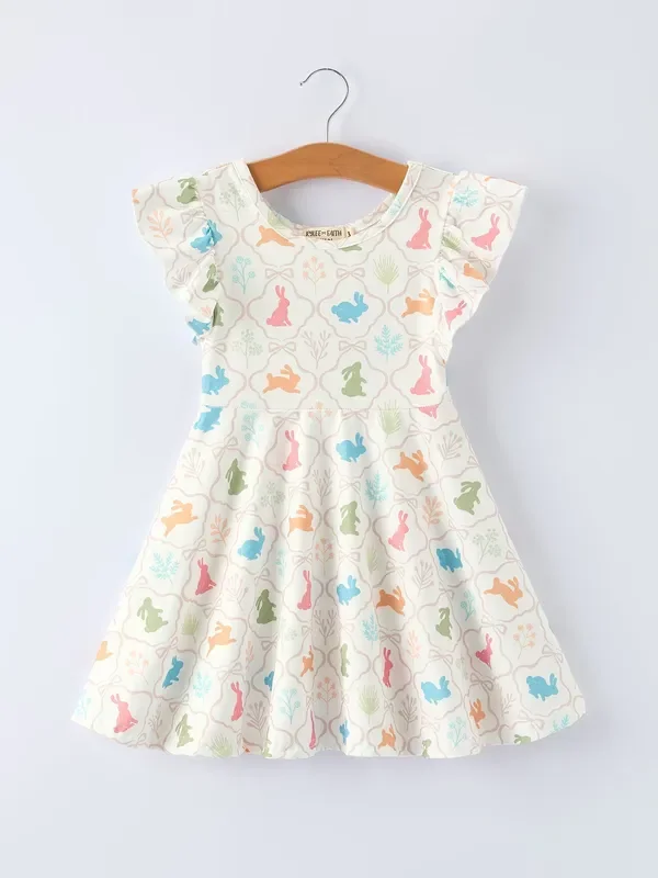 Easter Bunny Print Girls Flutter Sleeve Dress