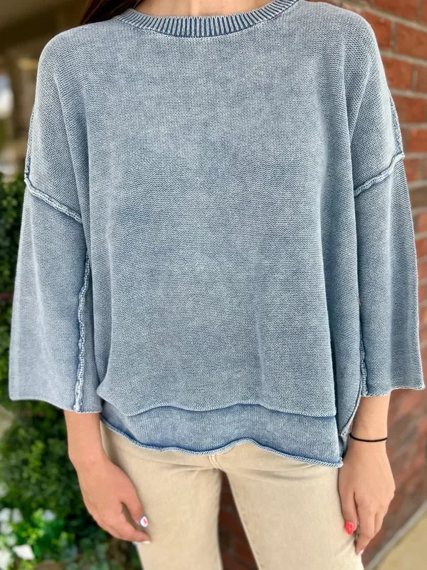 Easy Afternoon Dusty Blue Washed 3/4 Sleeve Sweater