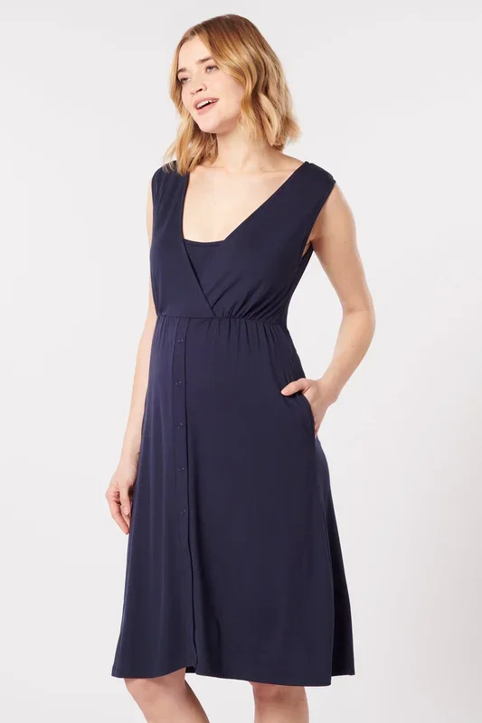 Eco viscose birth and nursing nightgown with wrap-style neckline, navy
