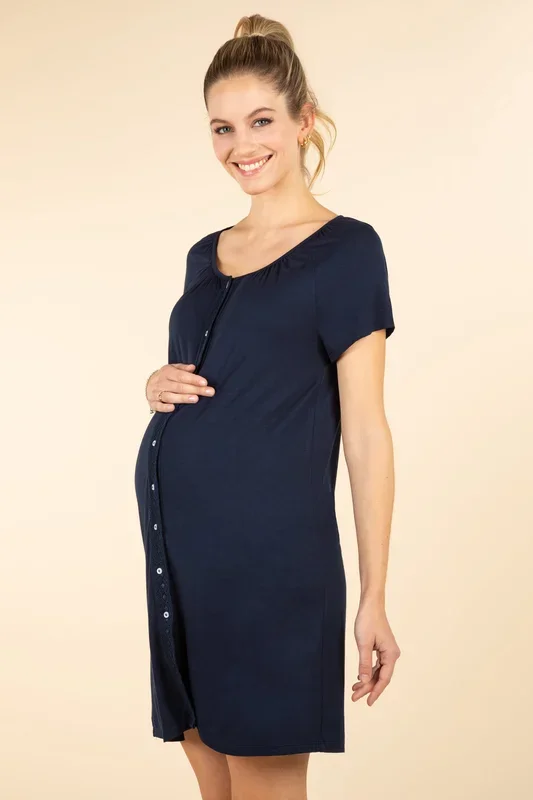Eco viscose maternity and nursing nightgown with buttons, navy
