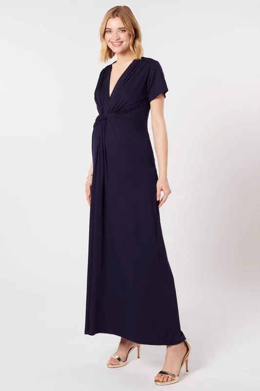Ecovero Maxi Maternity and Nursing Dress with Knot Detail Navy