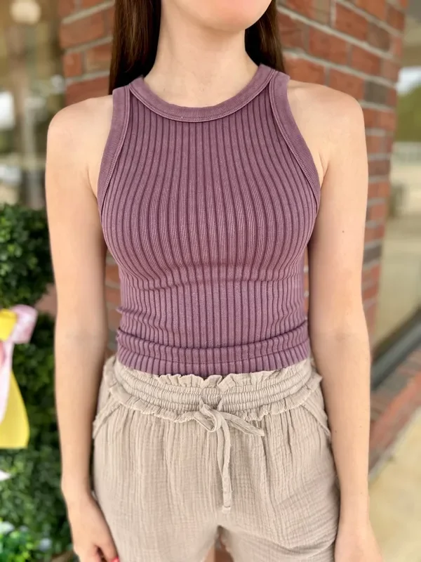 Eggplant Ribbed Washed Seamless Tank Top