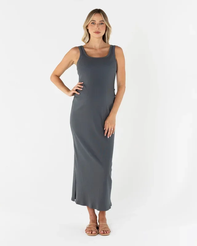 Eliza Maternity Ribbed Tube Midi Dress In Gray