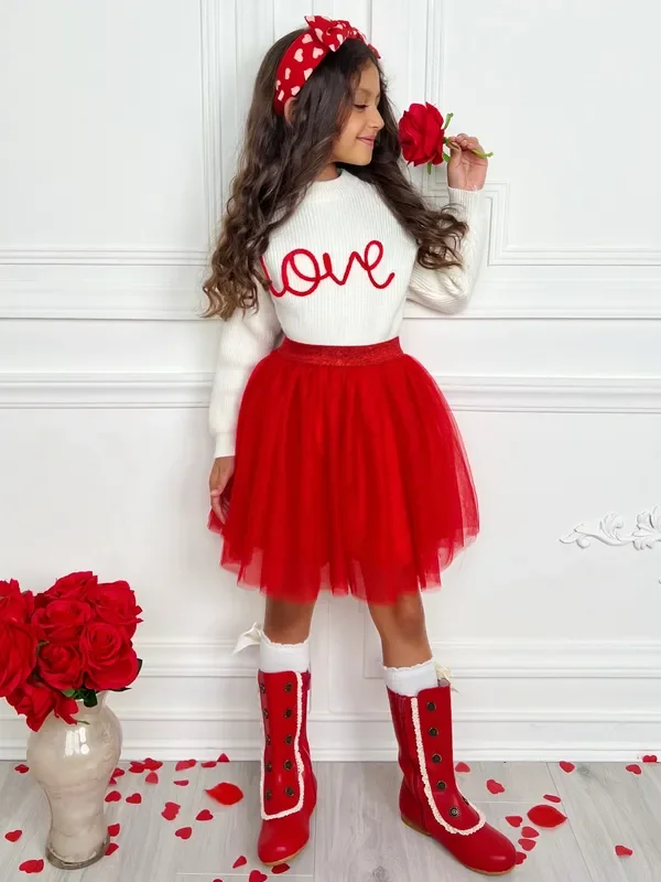Embroidered “Love ” Sweater and Tutu Skirt Set