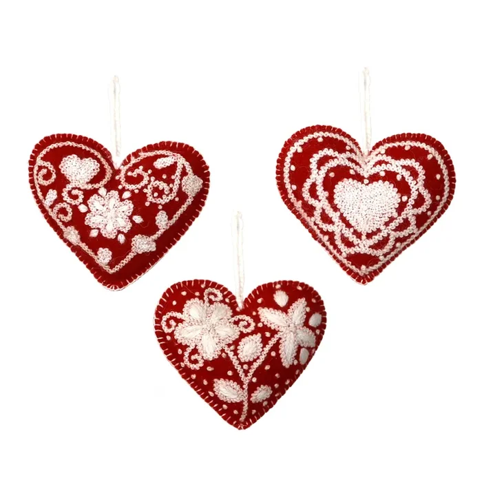 Embroidered Heart Ornaments – Set Of 3