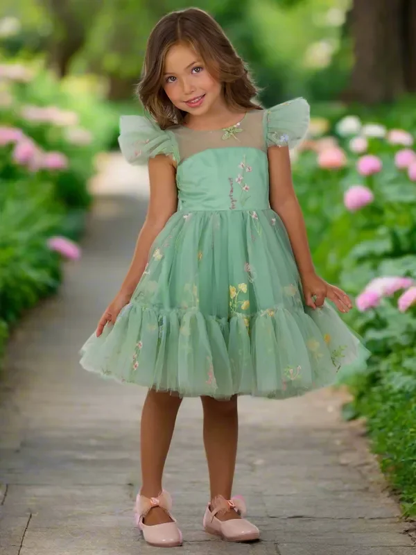 Emerald Fairy Garden Embroidered Floral Tutu Dress