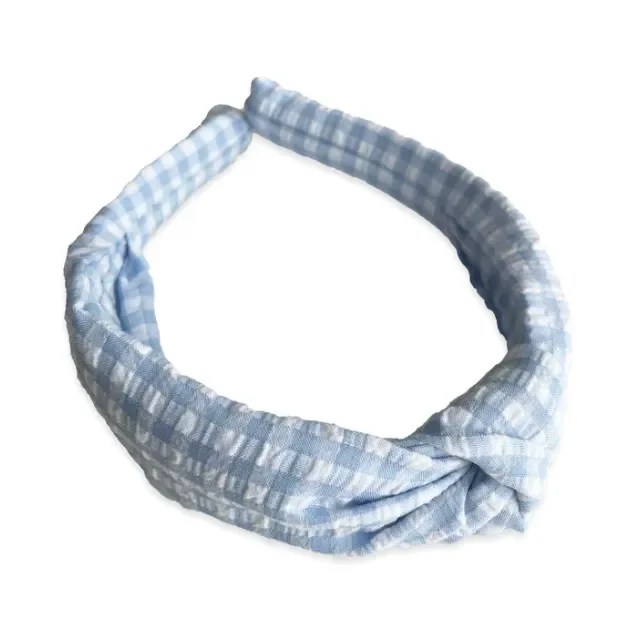 Eva’s House Seersucker Gingham Knotted Headband In Blue