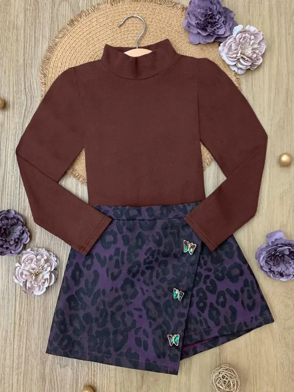 Fall Brown Top & Leopard Denim Skort Set