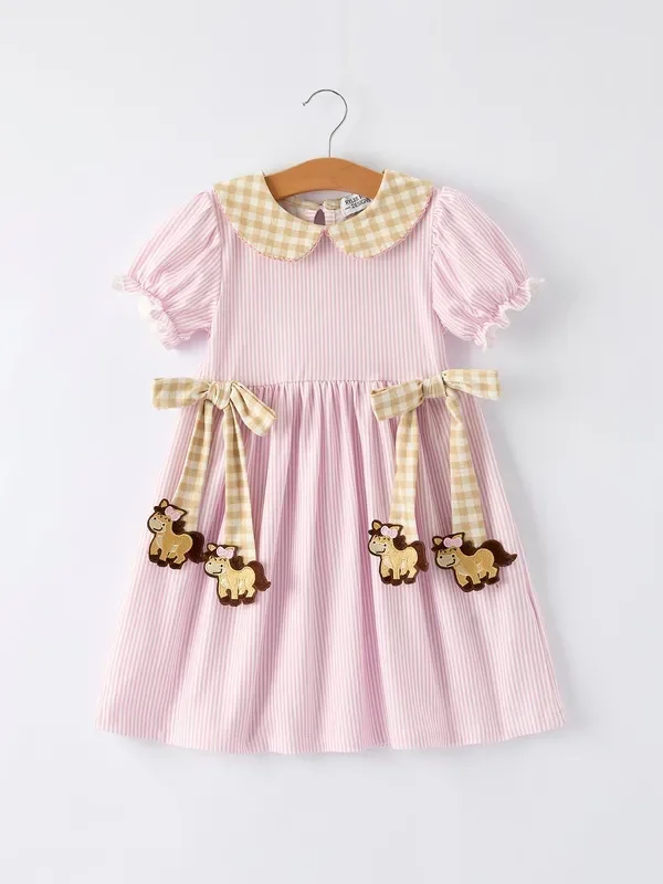 Farm Horse Bow Girls Dress – Pink Stripes