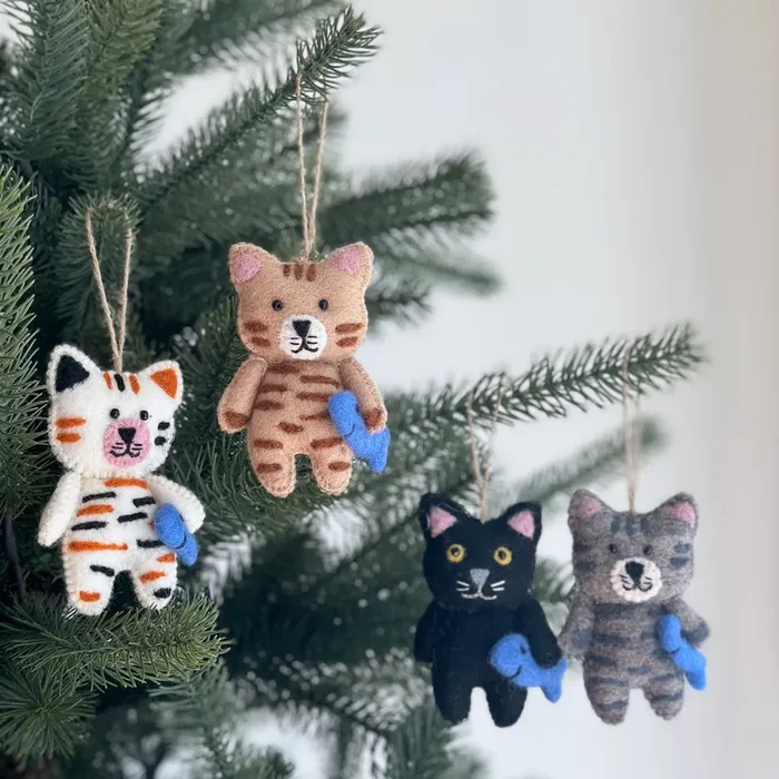 Felt Cat Ornament – Stitched Cat Holding Fish