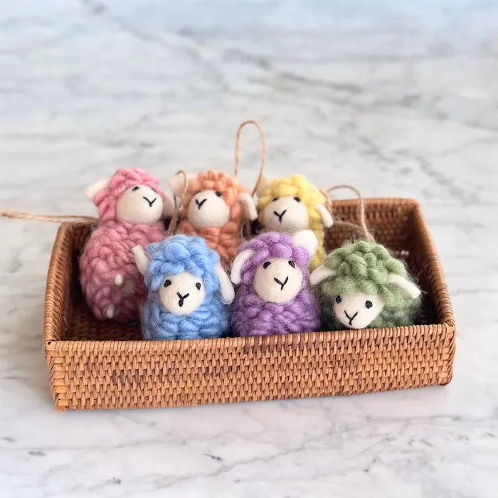 Felt Mini Fluffy Sheep Ornament Set Of 6 – Pastel Tone