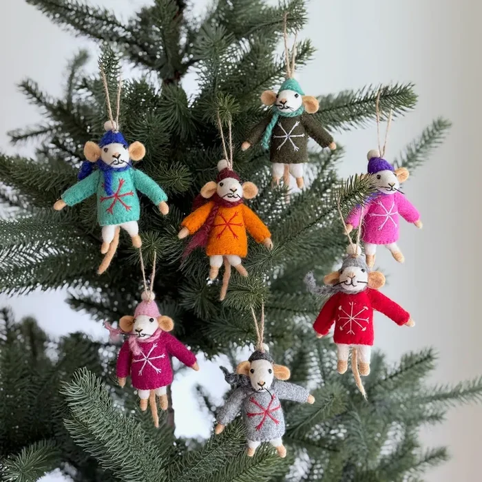 Felt Mouse In Sweater – Set Of 7 Christmas Ornaments