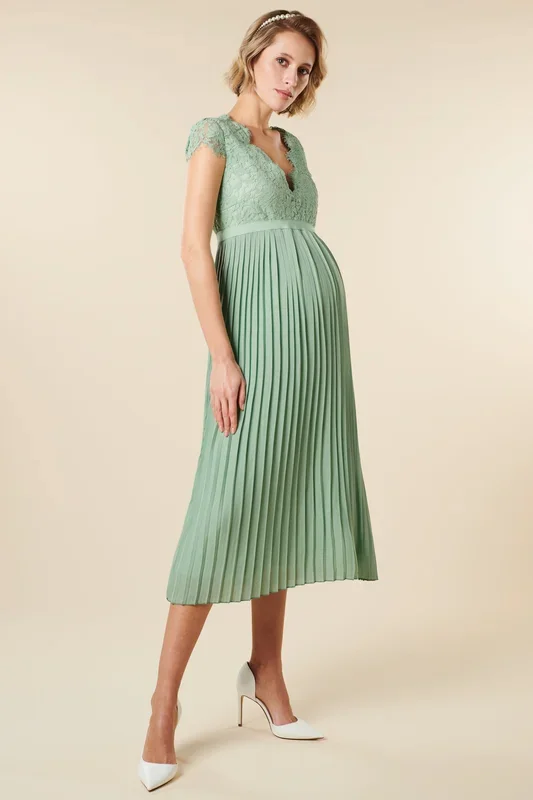 Festive maternity dress with lace bodice and pleats, mint