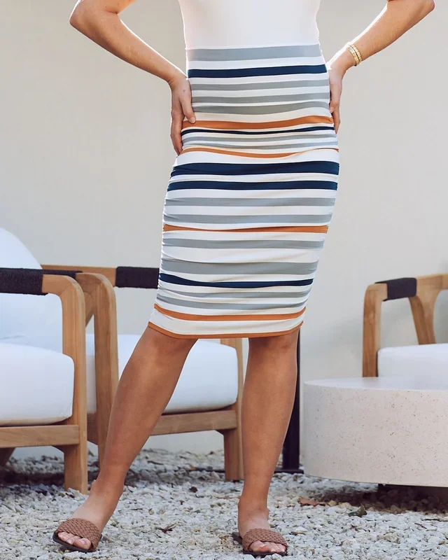 Fitted Maternity Bamboo Skirt – Orange and Blue Stripe