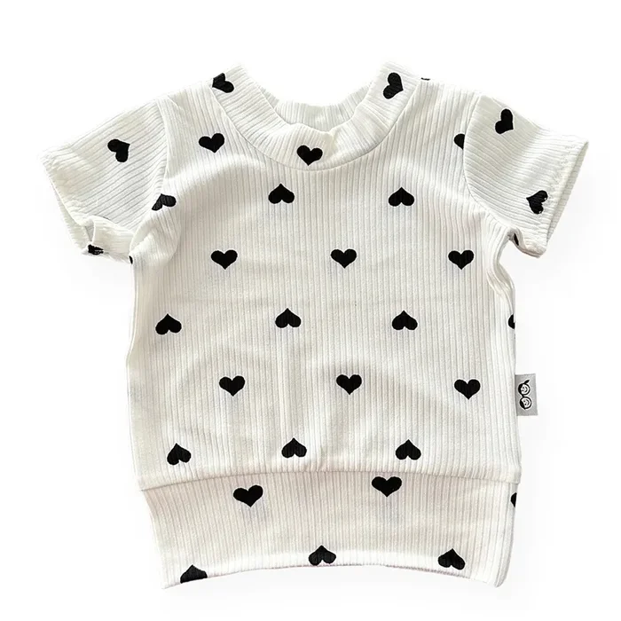 Flipped Black Hearts On White Ribbed Summer Lounge Top