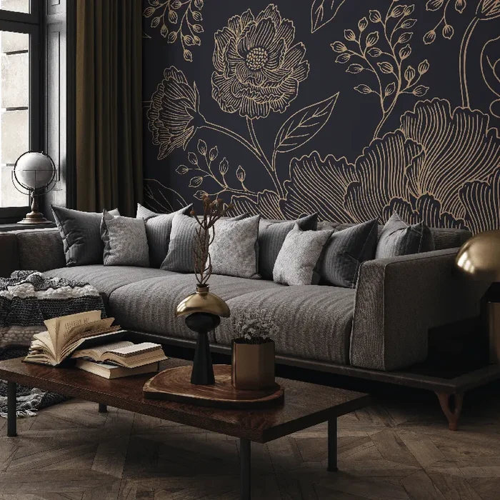 Floral Wallpaper Featuring Elegant Line Art In Black And Gold – C925