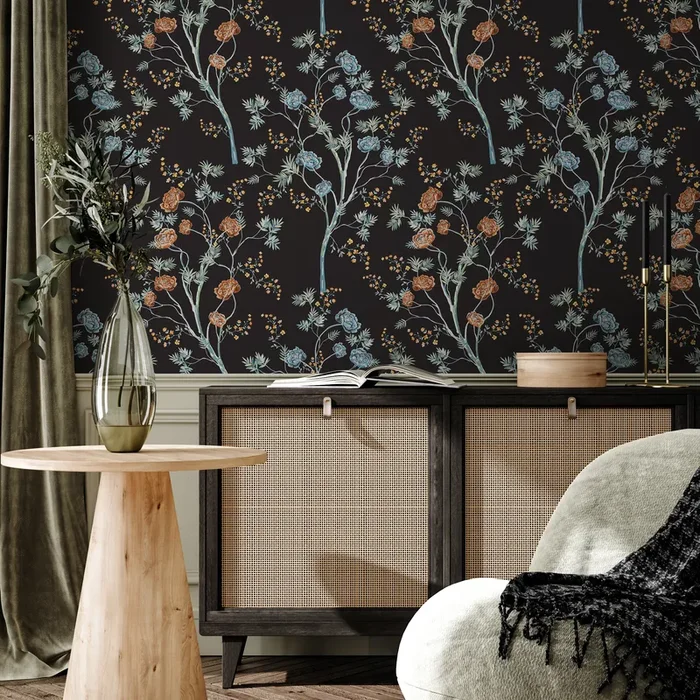 Floral Wallpaper Featuring Elegant Trees In Black, Blue, And Orange – D122