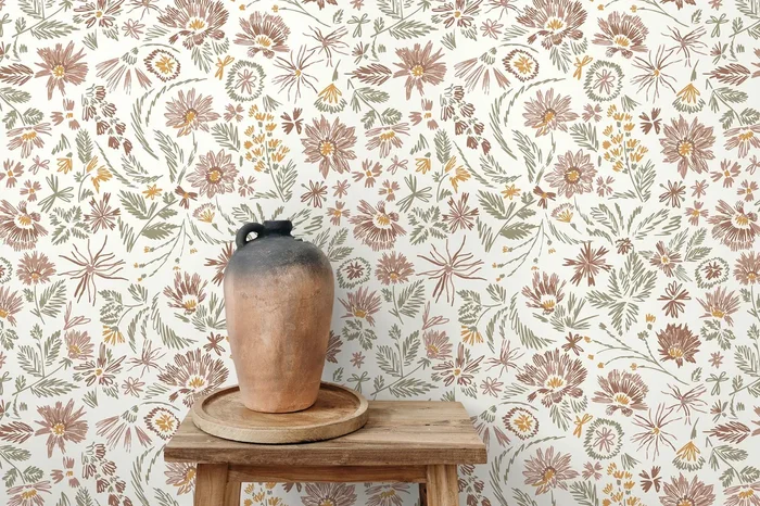 Floral Wallpaper Featuring Hand-drawn Wildflowers In Brown, Green, And Yellow – D320