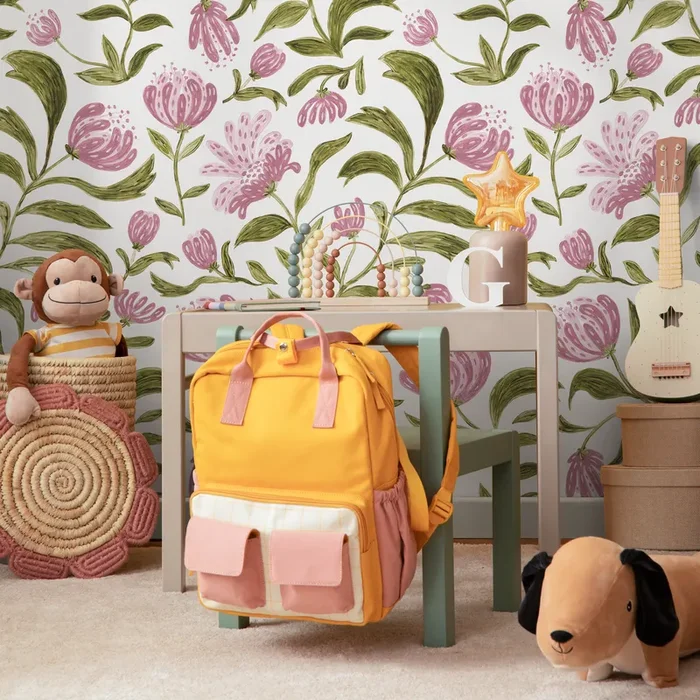 Floral Wallpaper Featuring Hand-painted Blooms In Pink And Green – C971