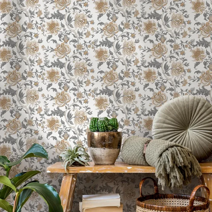 Floral Wallpaper Featuring Intricate Floral Vines In Tan And Grey – D130