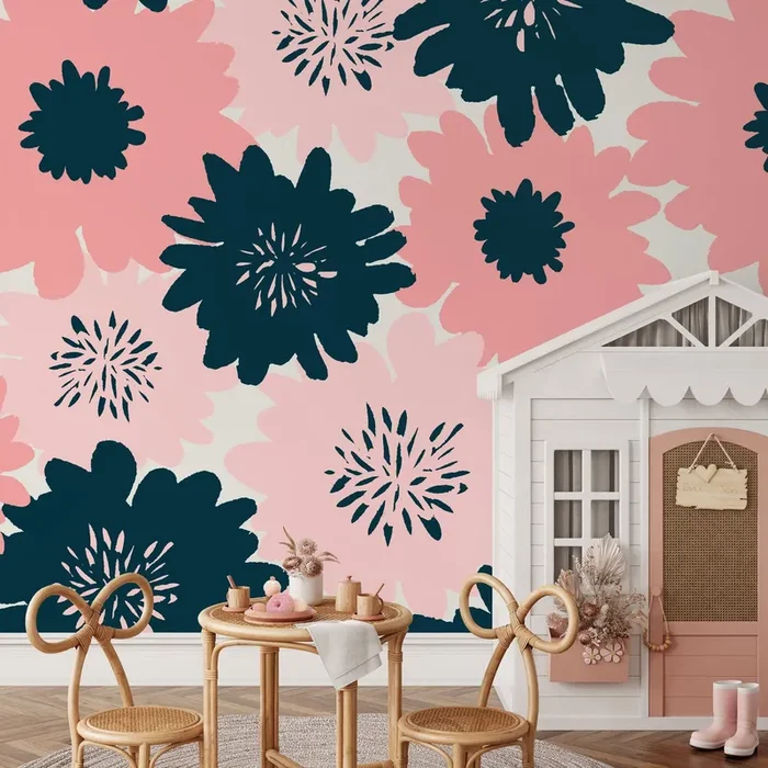 Floral Wallpaper Featuring Large Stylized Flowers In Navy Blue And Pink – B374