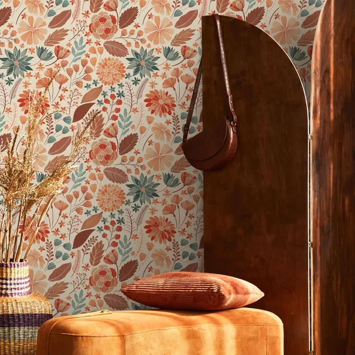 Floral Wallpaper Featuring Stylized Garden Blooms In Orange, Teal, And Brown – C310