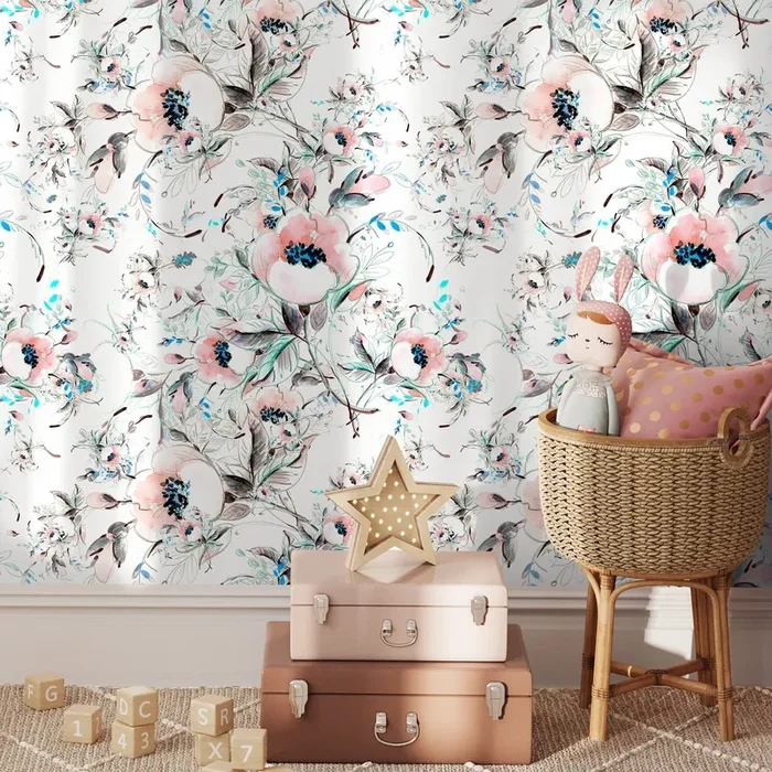 Floral Wallpaper Featuring Watercolor Blooms In Pink, Blue, And Black – A015