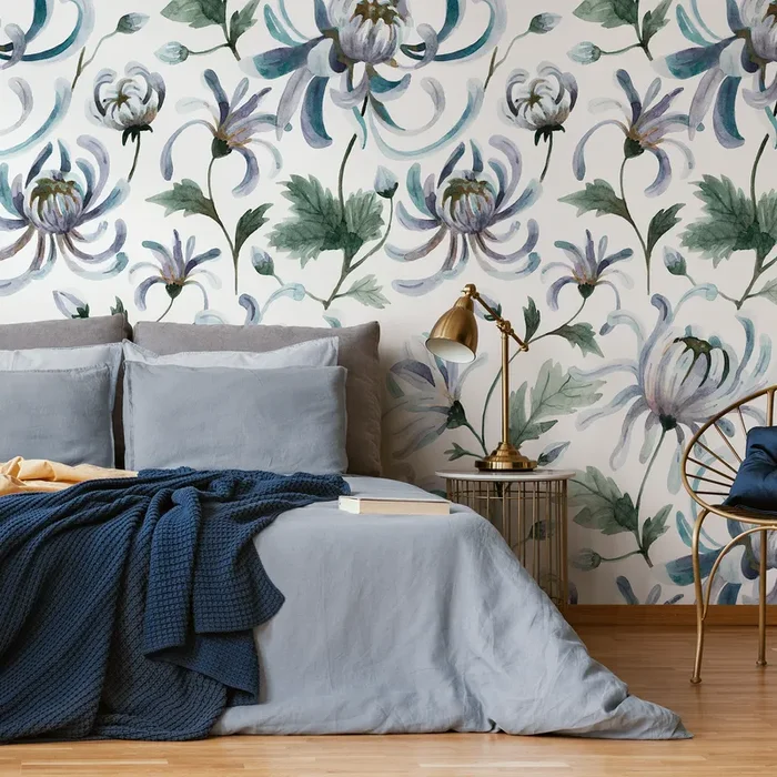 Floral Wallpaper Featuring Watercolor Chrysanthemums In Blue, Purple, And Green – C957