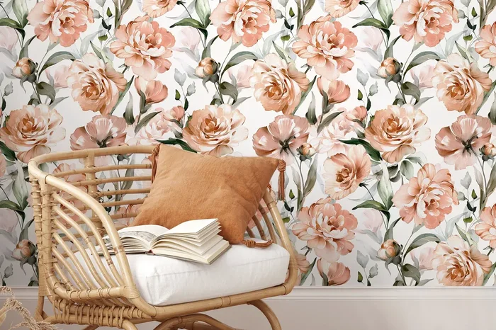Floral Wallpaper Featuring Watercolor Peonies In Peach, Pink, And Green – D530