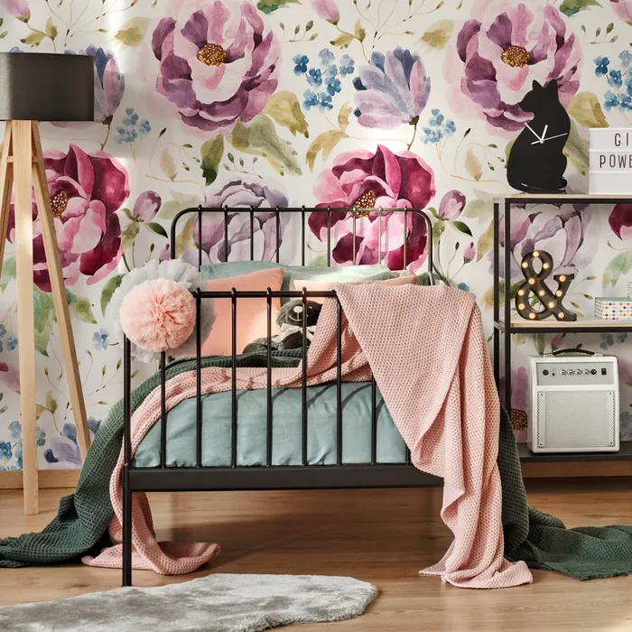 Floral Wallpaper Featuring Watercolor Roses In Pink, Purple, And Blue – C964