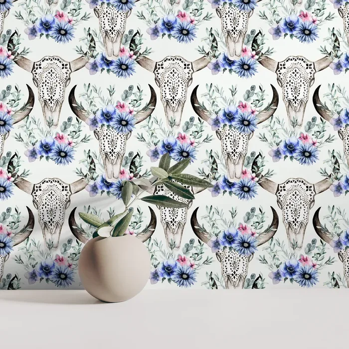 Floral Wallpaper With A Bohemian Bull Skull Motif In Blue, Pink, And Green – D926