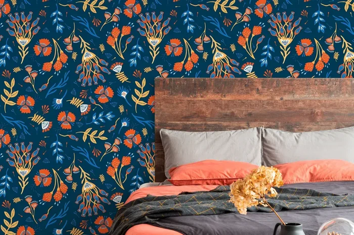 Floral Wallpaper With A Folk Art Motif In Orange, Blue, And Yellow – D359