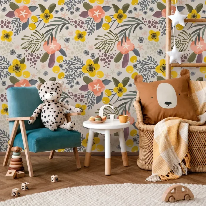 Floral Wallpaper With A Folk Art Motif In Yellow, Pink, And Green – A715