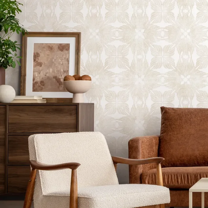 Floral Wallpaper With A Geometric Leaf Motif In Beige – C870