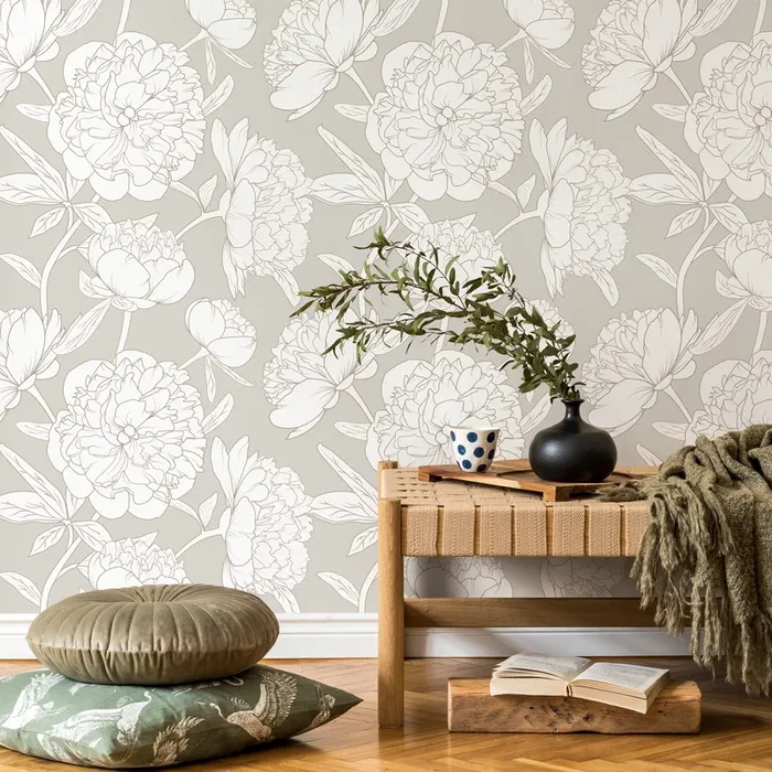 Floral Wallpaper With A Minimalist Peony Motif In Grey, Taupe, And White – Zaak