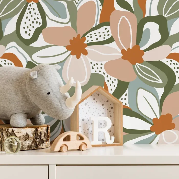 Floral Wallpaper With A Modern Abstract Motif In Green, Terracotta, And Pink – D655