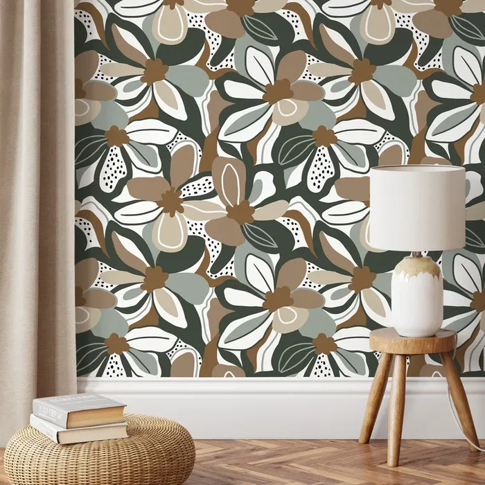 Floral Wallpaper With A Modern Abstract Motif In Taupe, Green, And Brown – D658