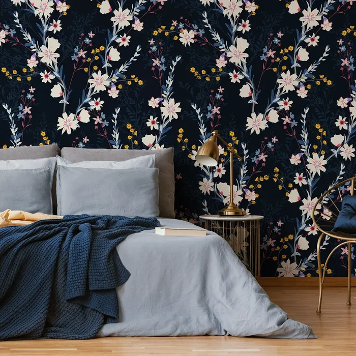 Floral Wallpaper With A Moody Wildflower Motif In Dark Blue, Cream, And Yellow – C266