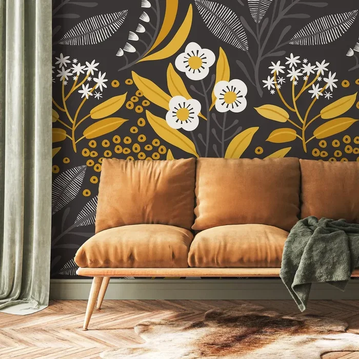 Floral Wallpaper With A Scandinavian Folk Art Motif In Yellow, White, And Grey – A723