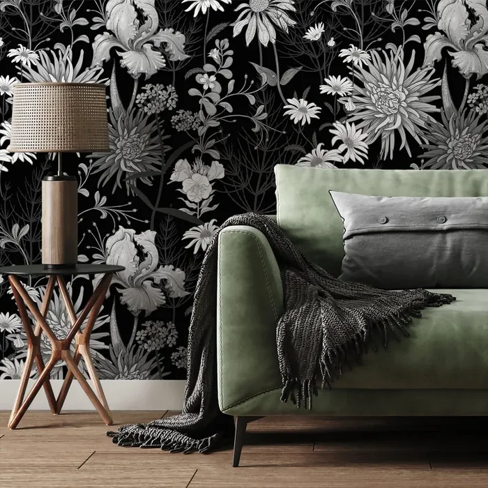 Floral Wallpaper With A Vintage Botanical Meadow In Black And White – A915